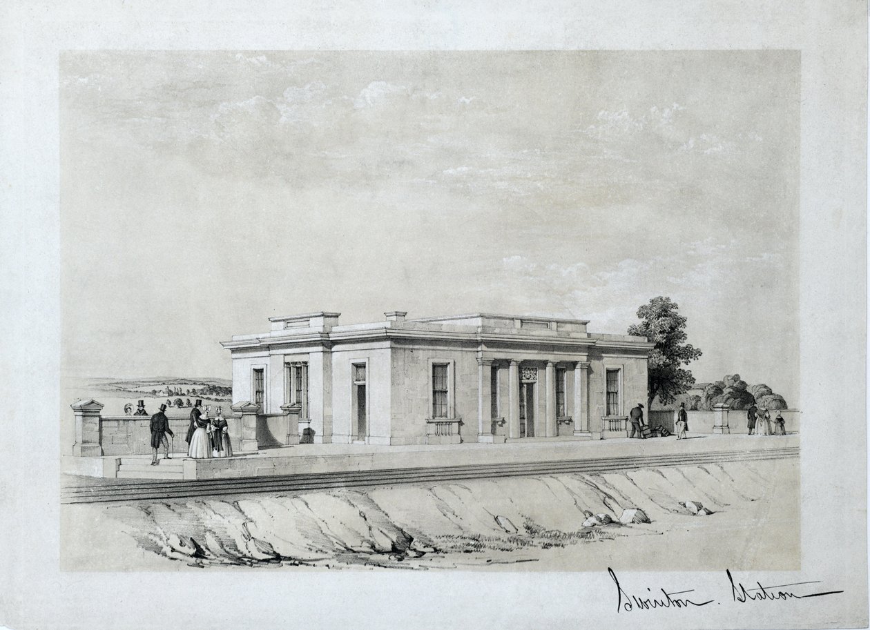 Swinton Station, c1840 (színezett litográfia papíron) alkotó: Samuel Russell