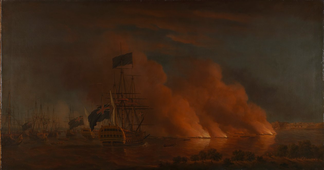 Francia tűzhajók támadása a brit flottára Quebec előtt, 1759. június 28. alkotó: Samuel Scott