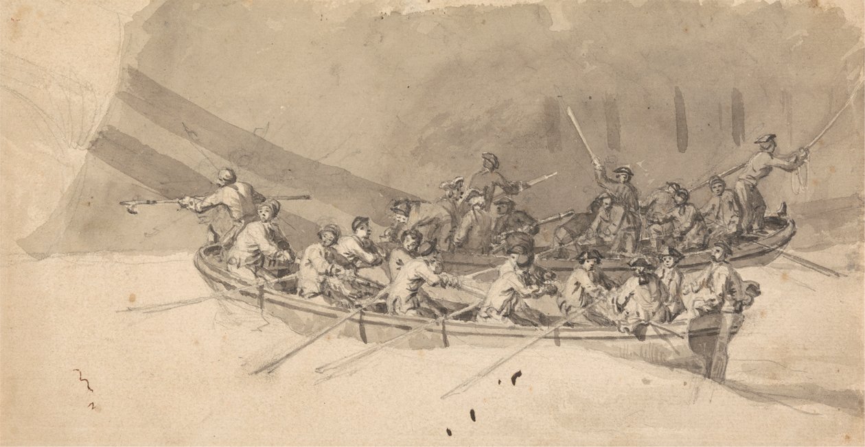 Két hajó legénységgel, tanulmány a The Royal William at Sea számára alkotó: Samuel Scott