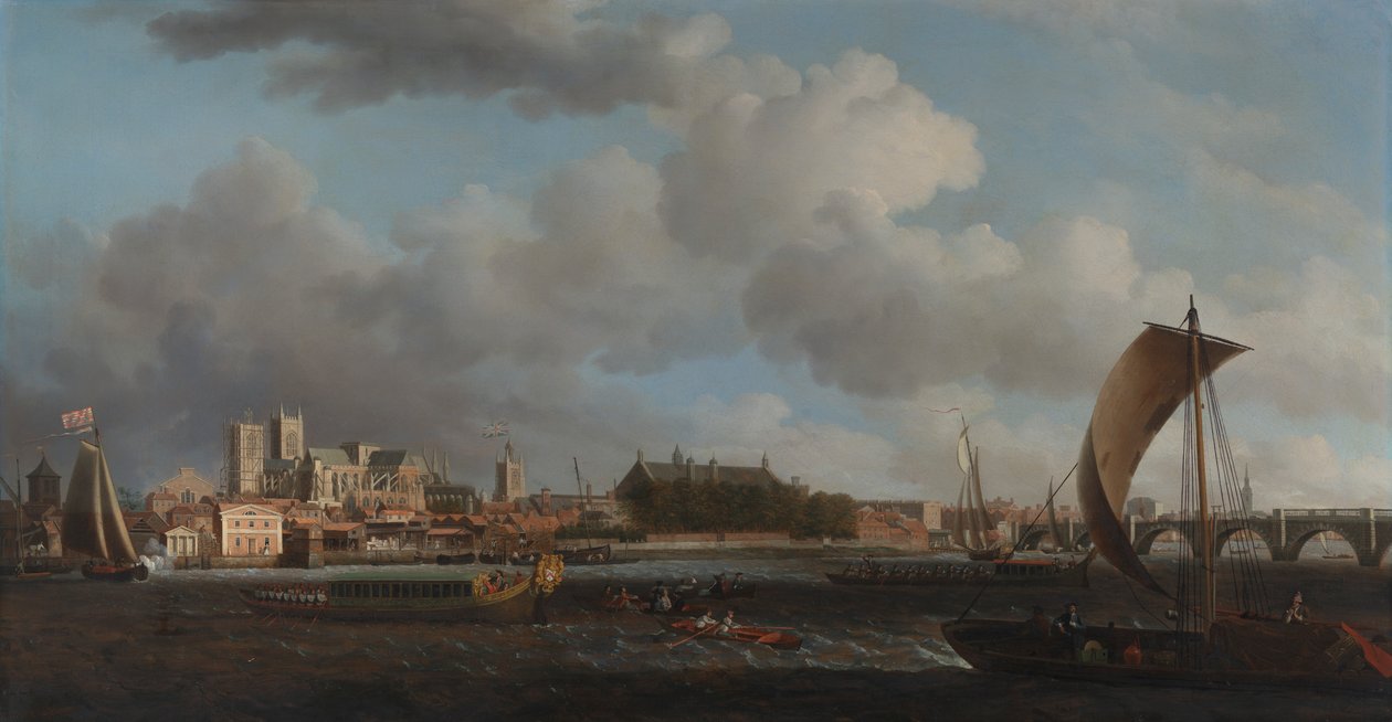 Westminster Lambethből, a Vaskereskedők Társaságának ünnepi bárkájával alkotó: Samuel Scott