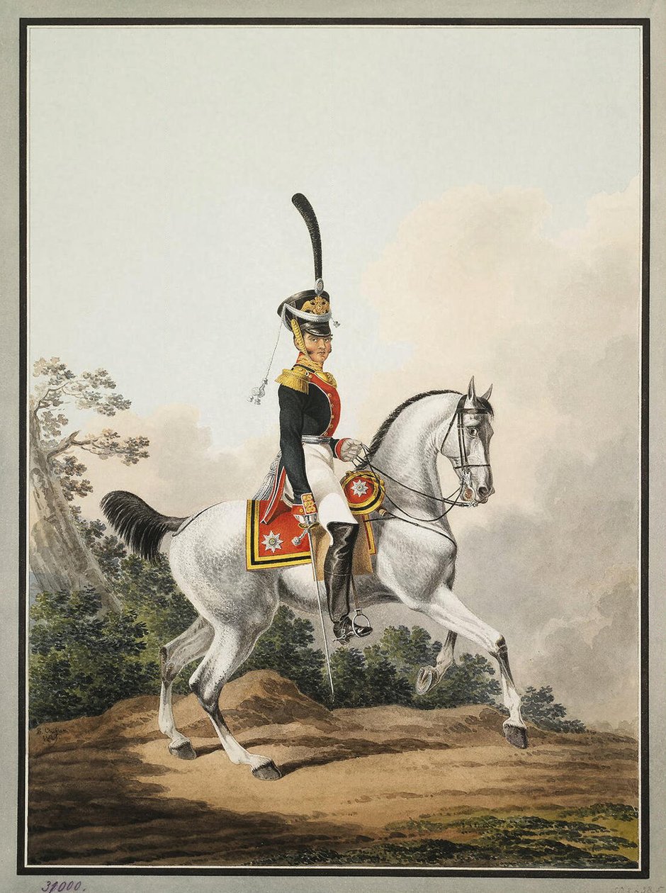 A Preobraženszkij-ezred tábori tisztje lóháton, 19. század eleje. alkotó: Samuel Shiflard