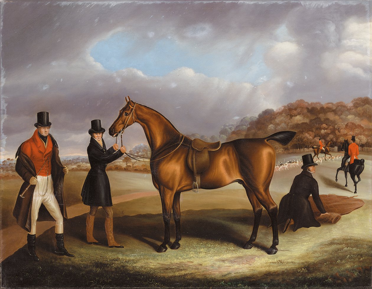 Lord George Bentinck kedvenc vadászával és vőlegényeivel egy vadászattal teli tájon alkotó: Samuel Spode