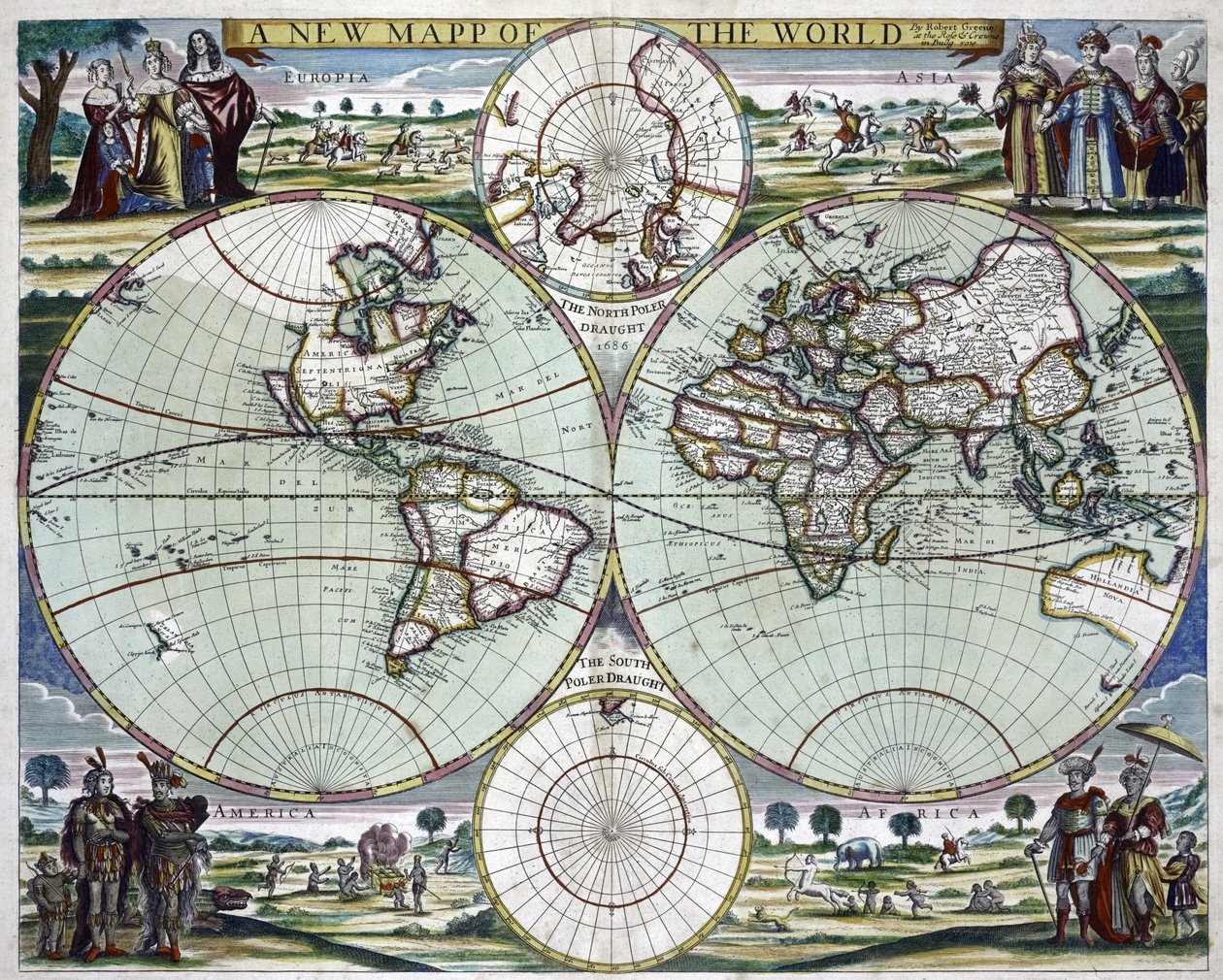 A világ új térképe, 1702 körül (nyomtatás) alkotó: Samuel Thornton