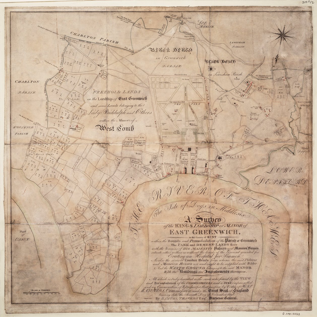 Az East Greenwich-i királyi uradalom vagy uradalom felmérése". alkotó: Samuel Travers