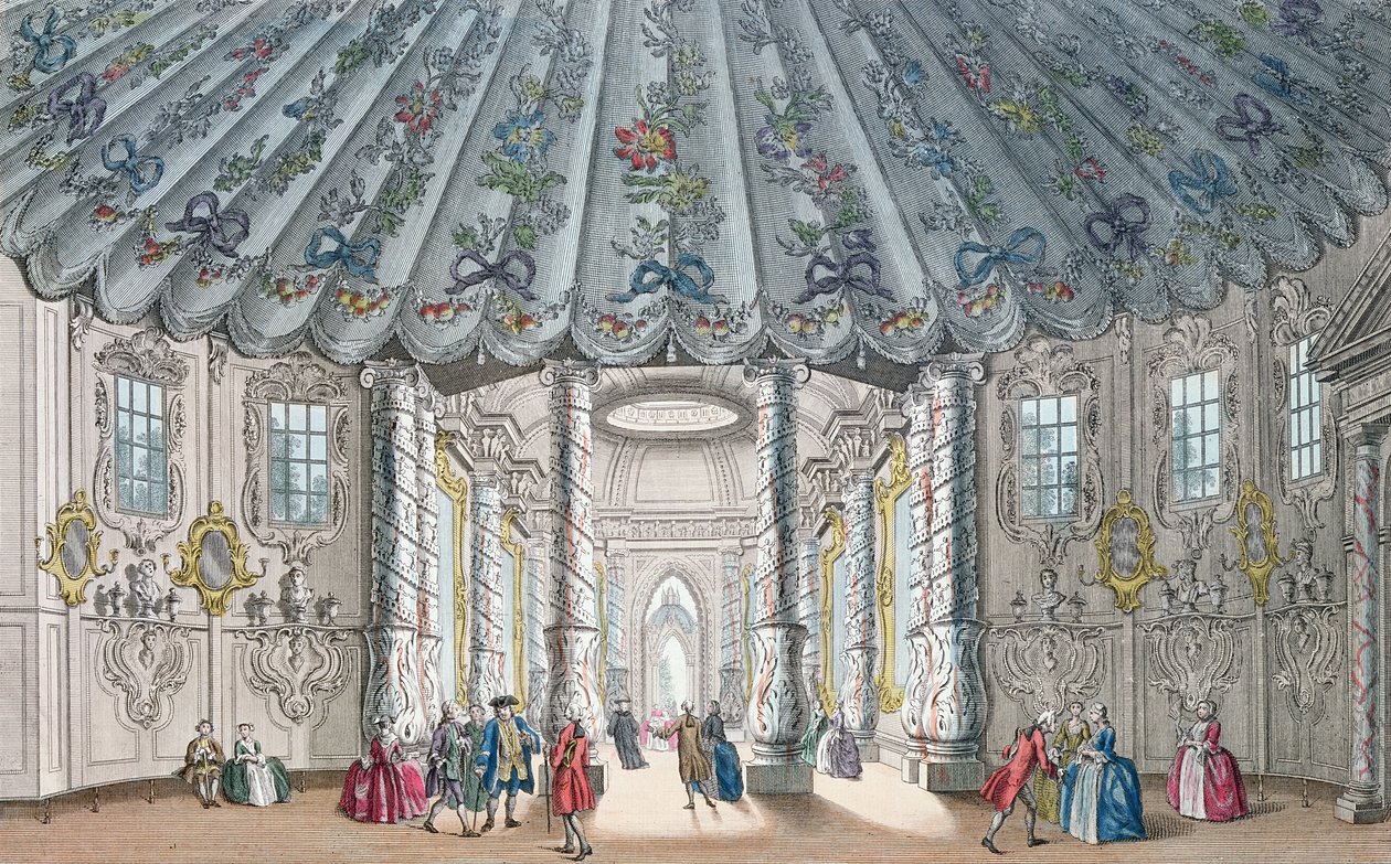 A Vauxhall Gardens elegáns zeneszobájának belső képe, H. Roberts metszet, 1752 (kézzel színezett metszet) alkotó: Samuel Wale