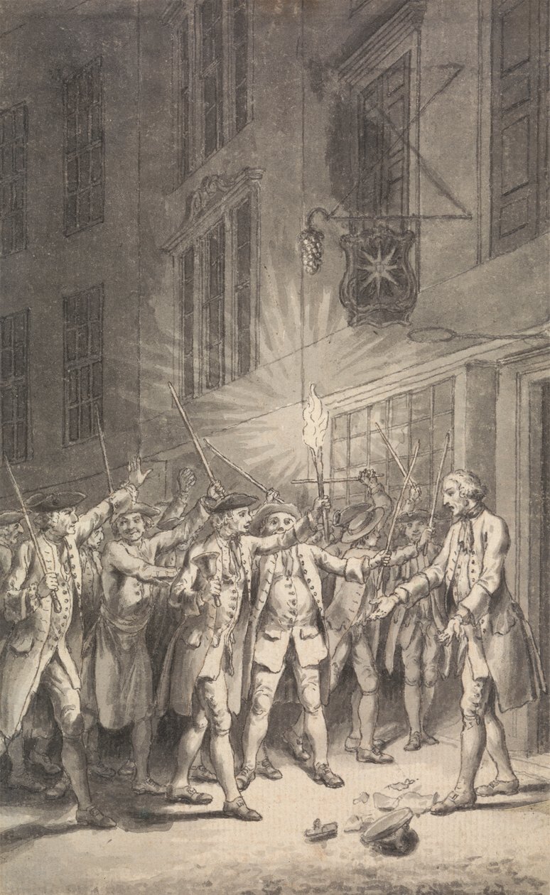 A csőcselék összegyűlt, hogy lerombolja a Peter Wood által a Strandben tartott Bawdy-házat alkotó: Samuel Wale