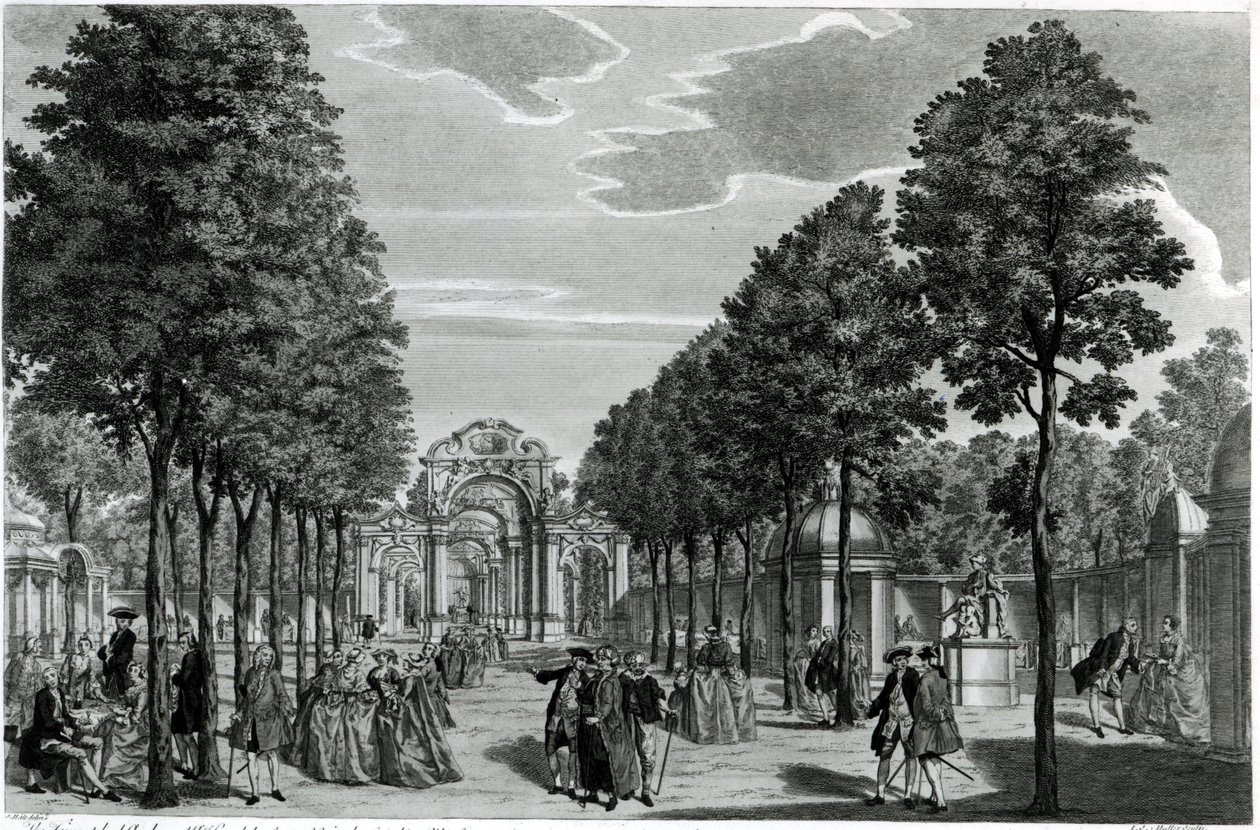 A diadalívek, Händel szobra a Vauxhall Gardens déli sétányában, John S. Muller metszetével (kézzel színezett rézkarc és metszet) alkotó: Samuel Wale