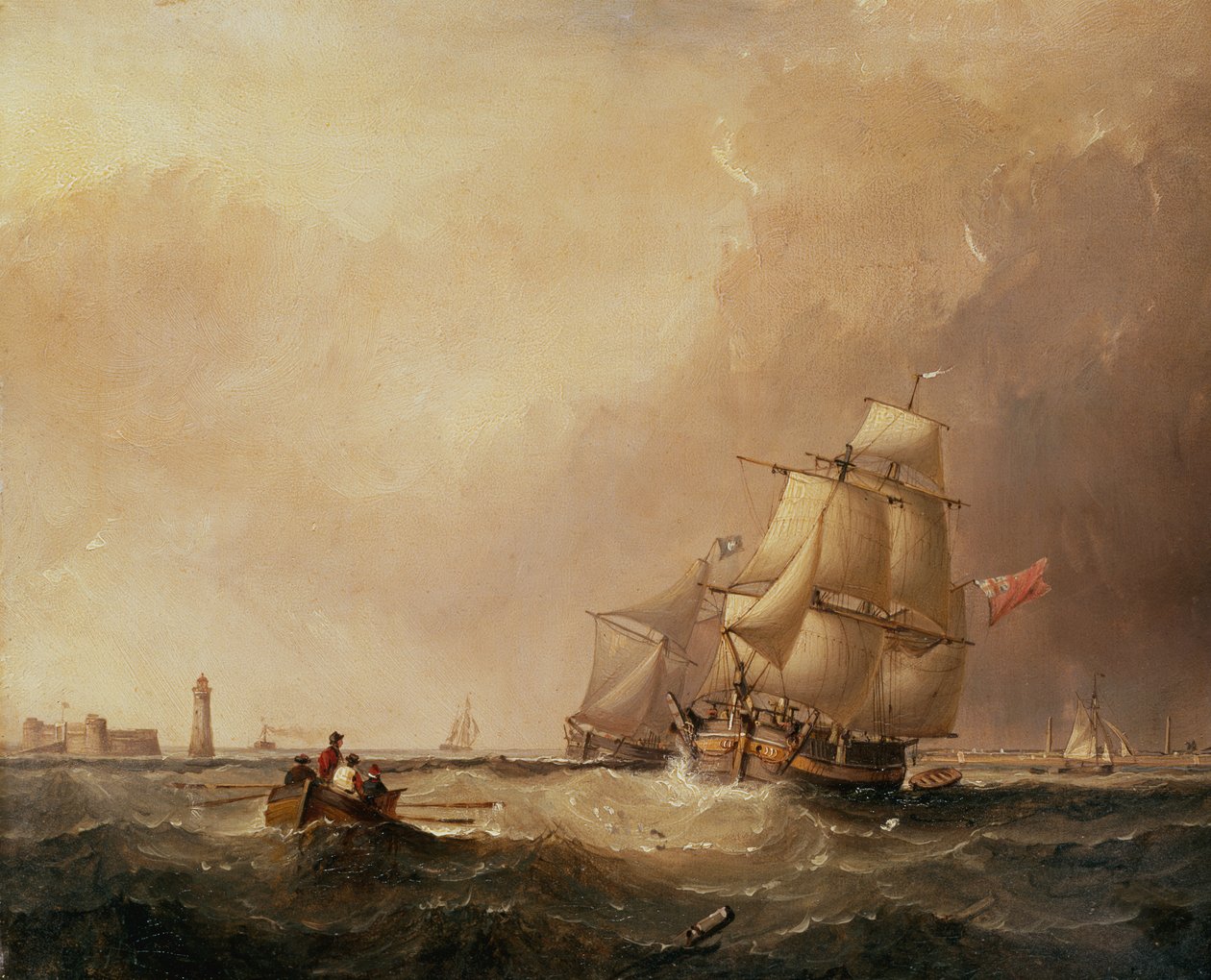 Kilátás a Mersey-kikötőre és a Douglas-i hajózásra, Man-szigeten (olaj a panelen) alkotó: Samuel Walters