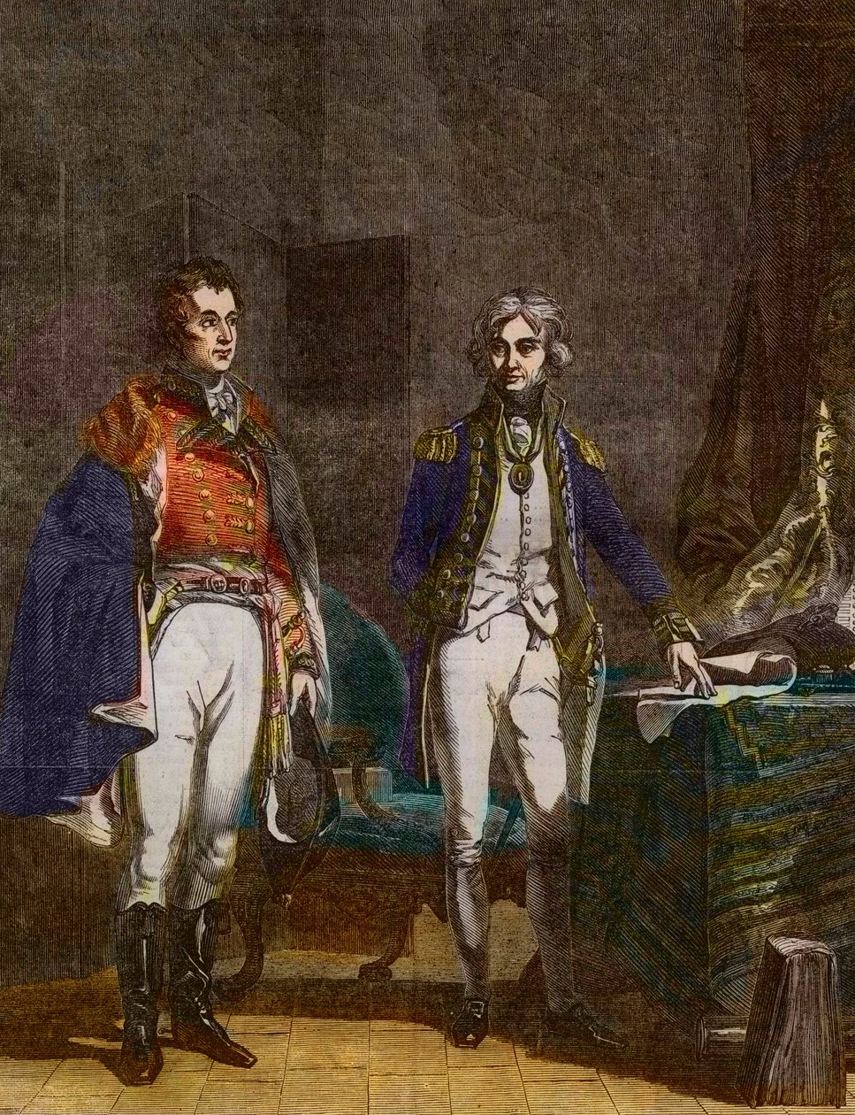 Sir Arthur Wellesley vezérőrnagy (Wellington hercege) és Horatio Nelson admirális találkozója, 1805. szeptember, amelyet Samuel William Reynolds (1794-1872) vésett John Prescott Knight (1803-1881) után alkotó: Samuel William I Reynolds