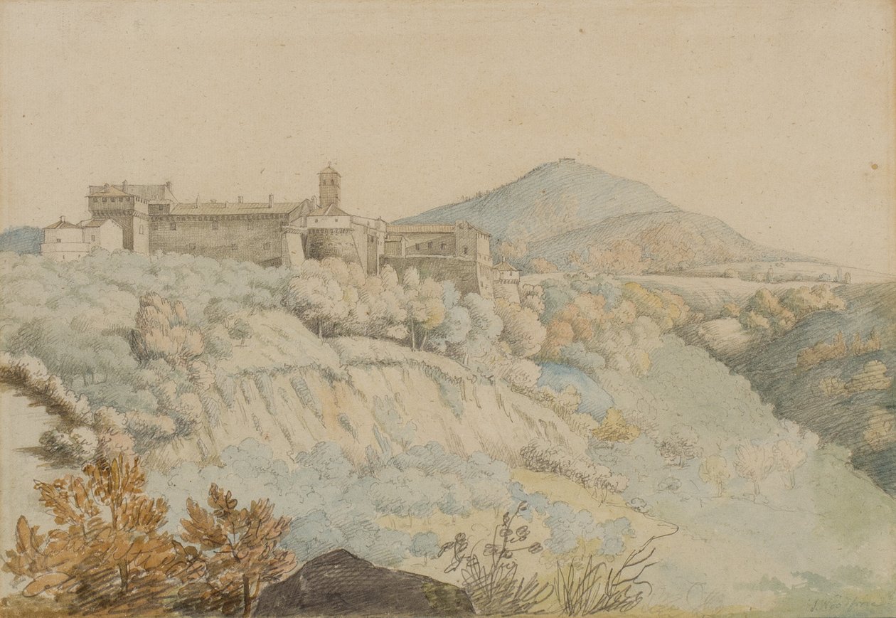 A Grotta Ferrata kolostor, ókori Tusculum, Olaszország, 1805 körül (ceruza és WC papíron) alkotó: Samuel Woodforde