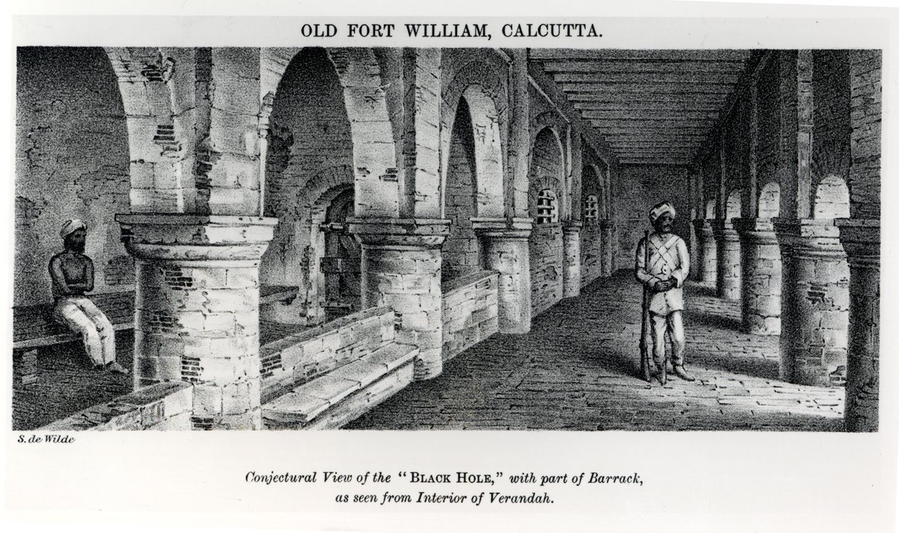 Old Fort William, Calcutta, sejthető kilátással a „fekete lyukra”, a barakk egy részével, a veranda belsejéből nézve alkotó: Samuel de Wilde