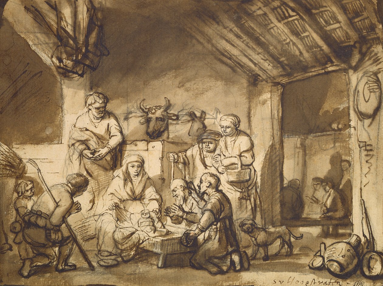 A Pásztorok imádása, 1646 körül (toll, ecset és ceruza papíron) alkotó: Samuel van Hoogstraten