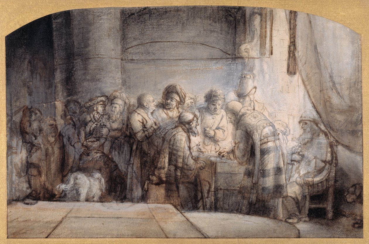 Júdás átveszi a harminc ezüstöt, 1640 körül (toll és tinta vörös krétával, mosás papíron) alkotó: Samuel van Hoogstraten