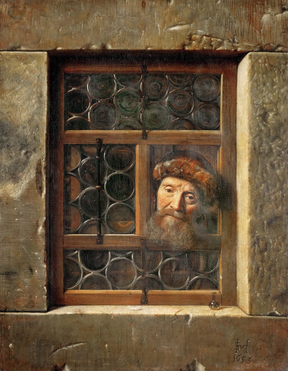 Öreg ember az ablakban - Samuel Dirksz van Hoogstraten (1627-1678). olajfestmény alkotó: Samuel van Hoogstraten