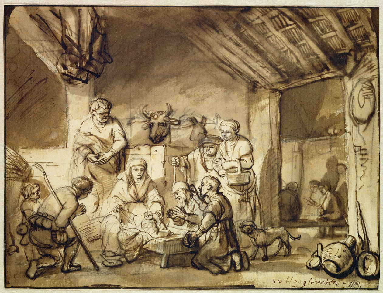A Pásztorok imádása (toll és tinta mosás fekete krétával papíron) alkotó: Samuel van Hoogstraten