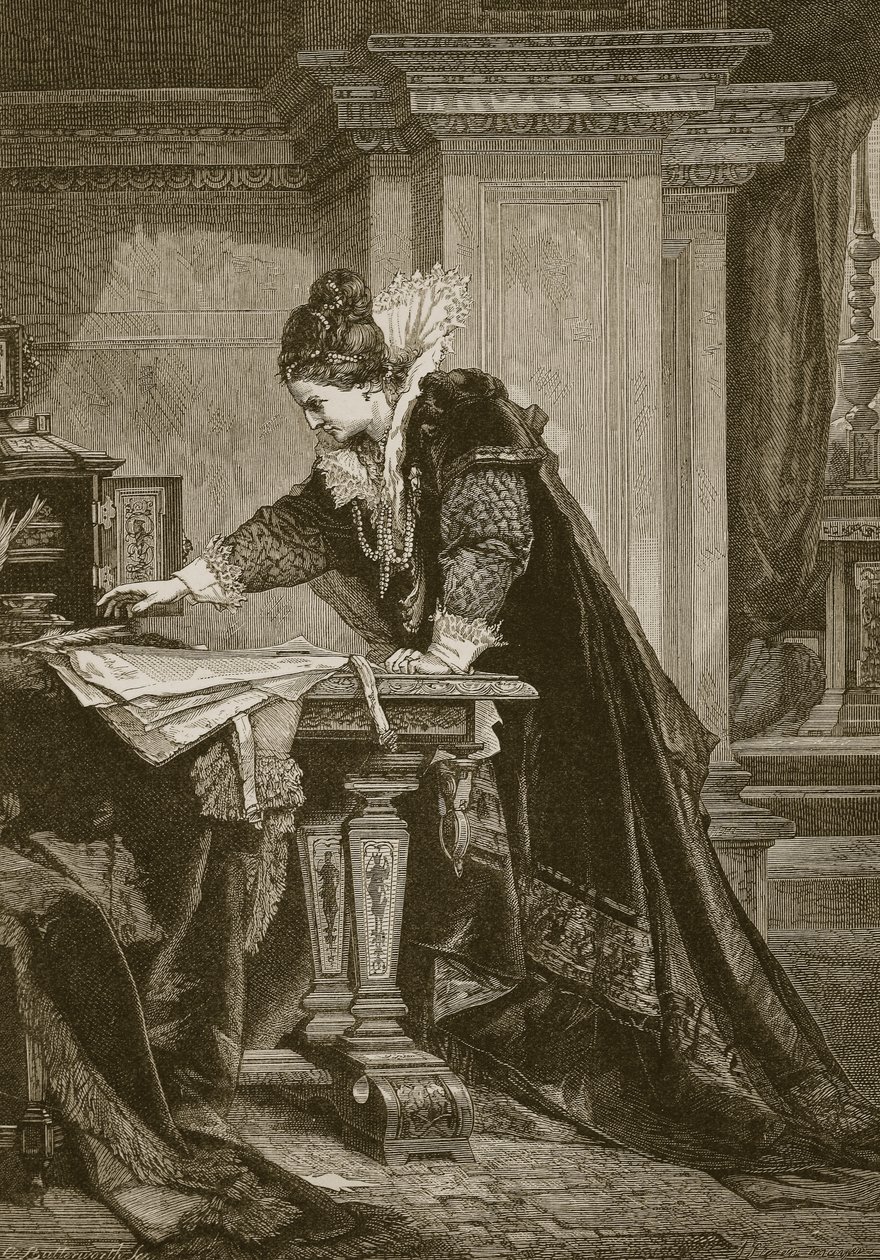 Erzsébet királynő aláírja Mária skót királynő halálos ítéletét, C. Butterworth metszetével alkotó: Sandor Liezen Meyer