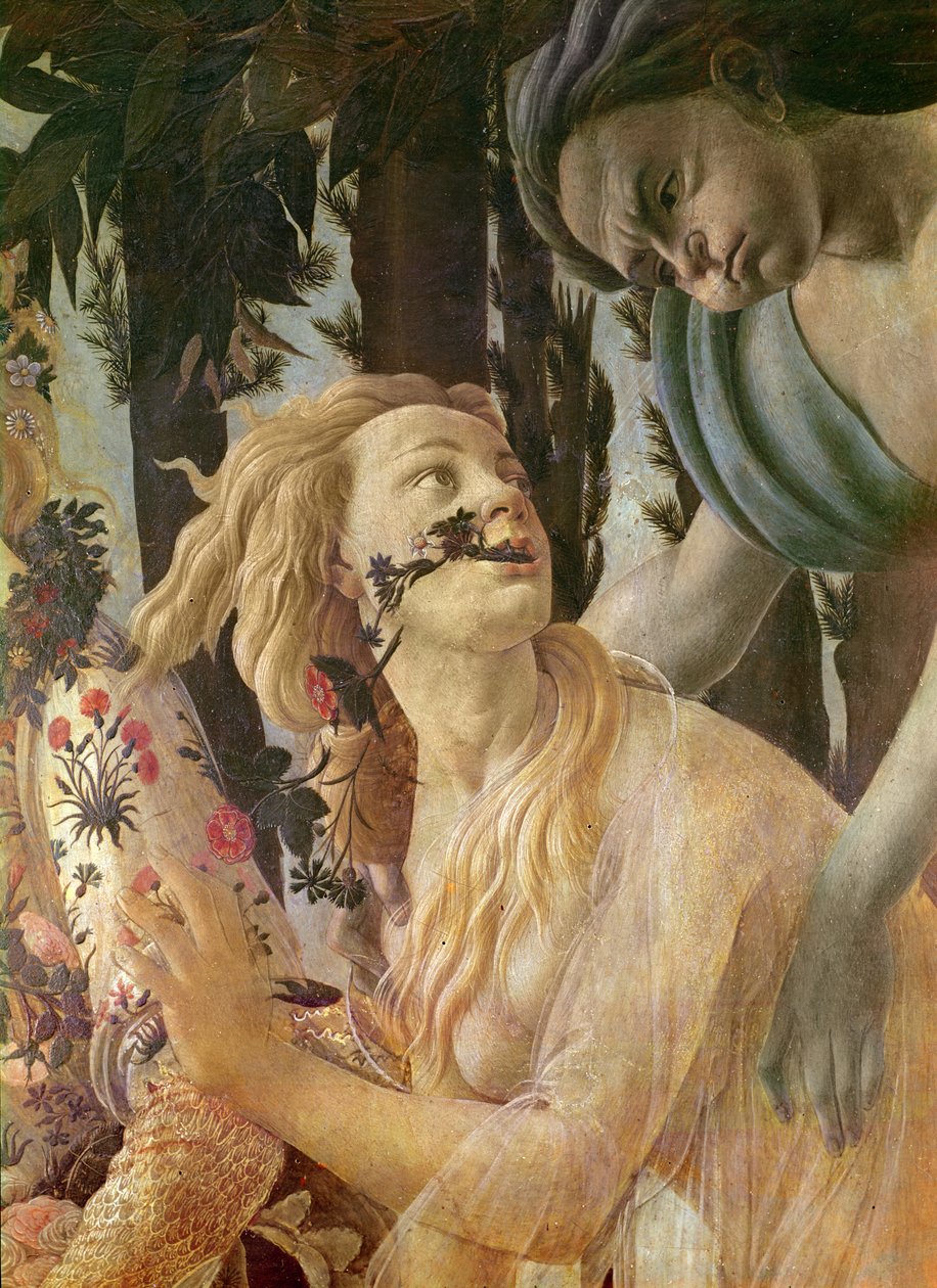A tavasz allegóriája, Zephyr és Flora fejének részlete, 1478 körüli tempera fán alkotó: Sandro Botticelli