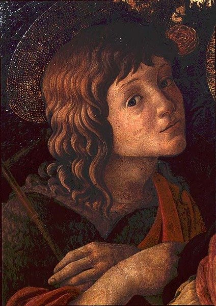 Madonna és gyermek Keresztelő Szent Jánossal, részlet a fiatal szentről alkotó: Sandro Botticelli