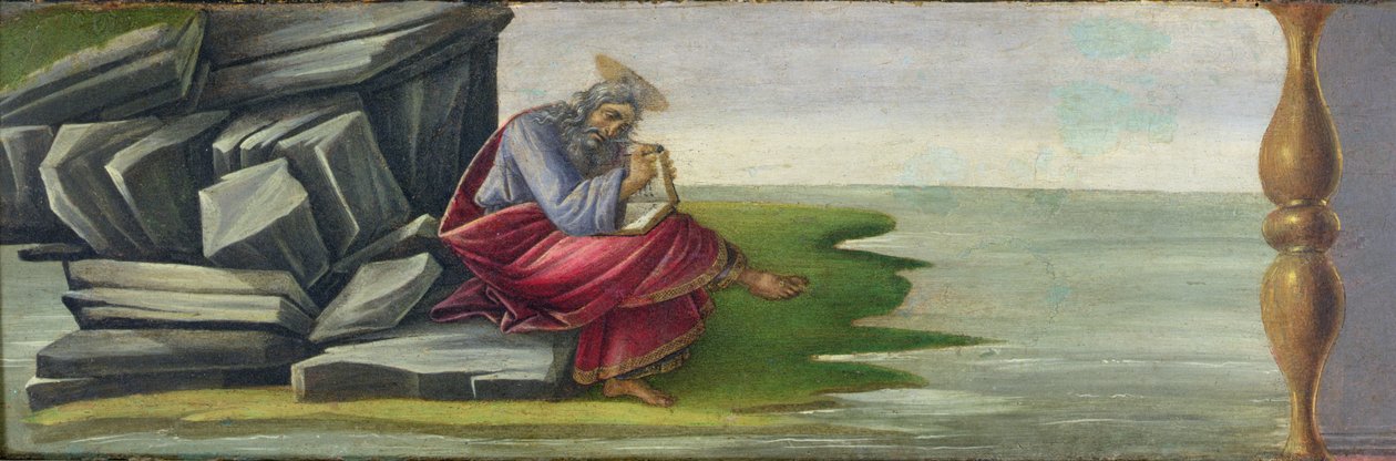 Isteni Szent János Pátmoszon, A Jelenések könyvének írása, predella tábla Szent Márk oltárképéről, 1488-90 körül (tempera a panelen) (lásd: 44333 és 44348) alkotó: Sandro Botticelli