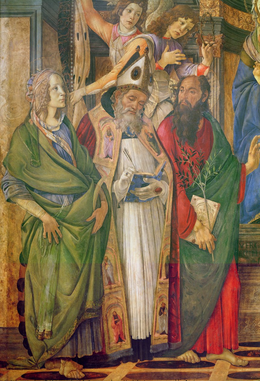 Szent Barnabás oltárképe, Alexandriai Szent Katalin, Szent Barnabás és Szent Ágoston részlete, 1488 körüli tempera fán alkotó: Sandro Botticelli
