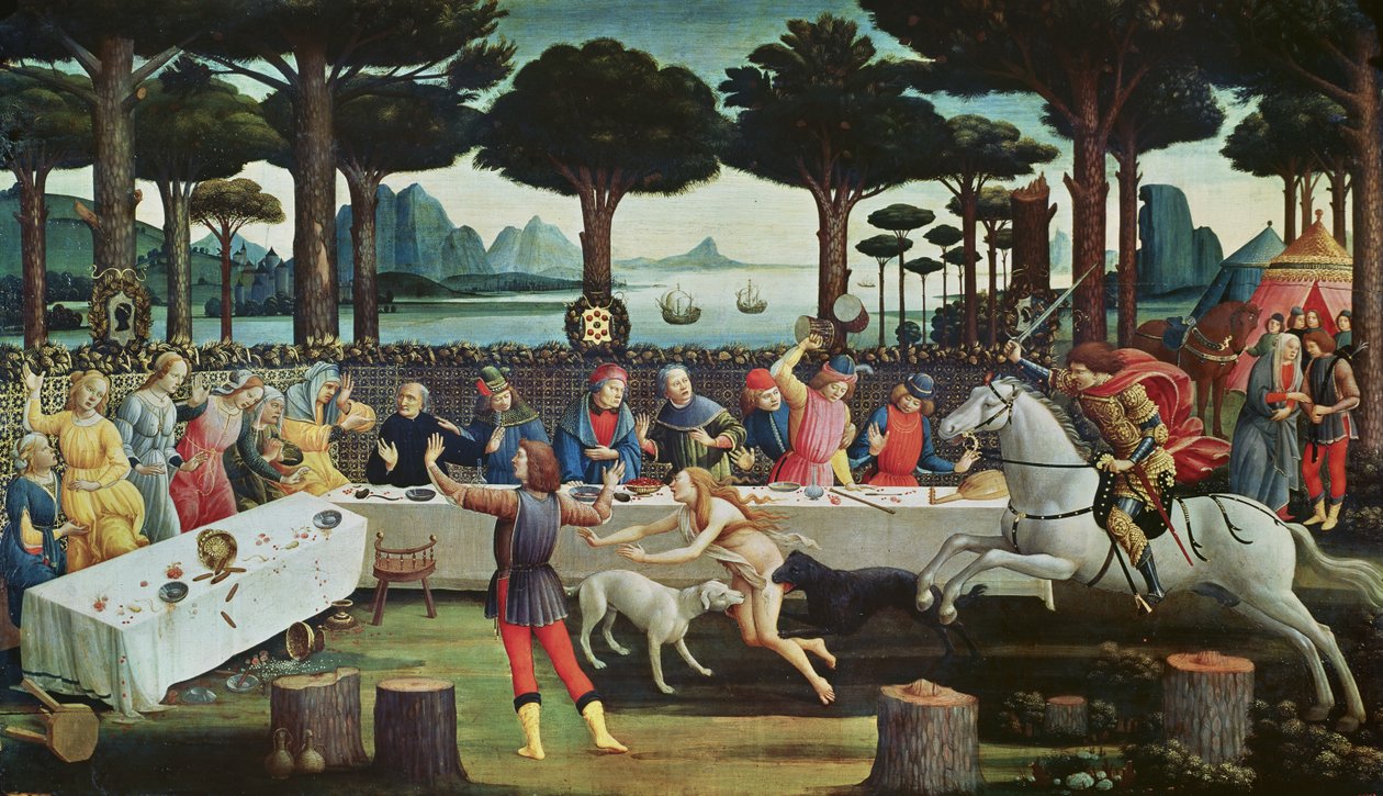A bankett a fenyvesekben: Nastagio degli Onesti története III. jelenete, 1483 körül (tempera a panelen) alkotó: Sandro Botticelli
