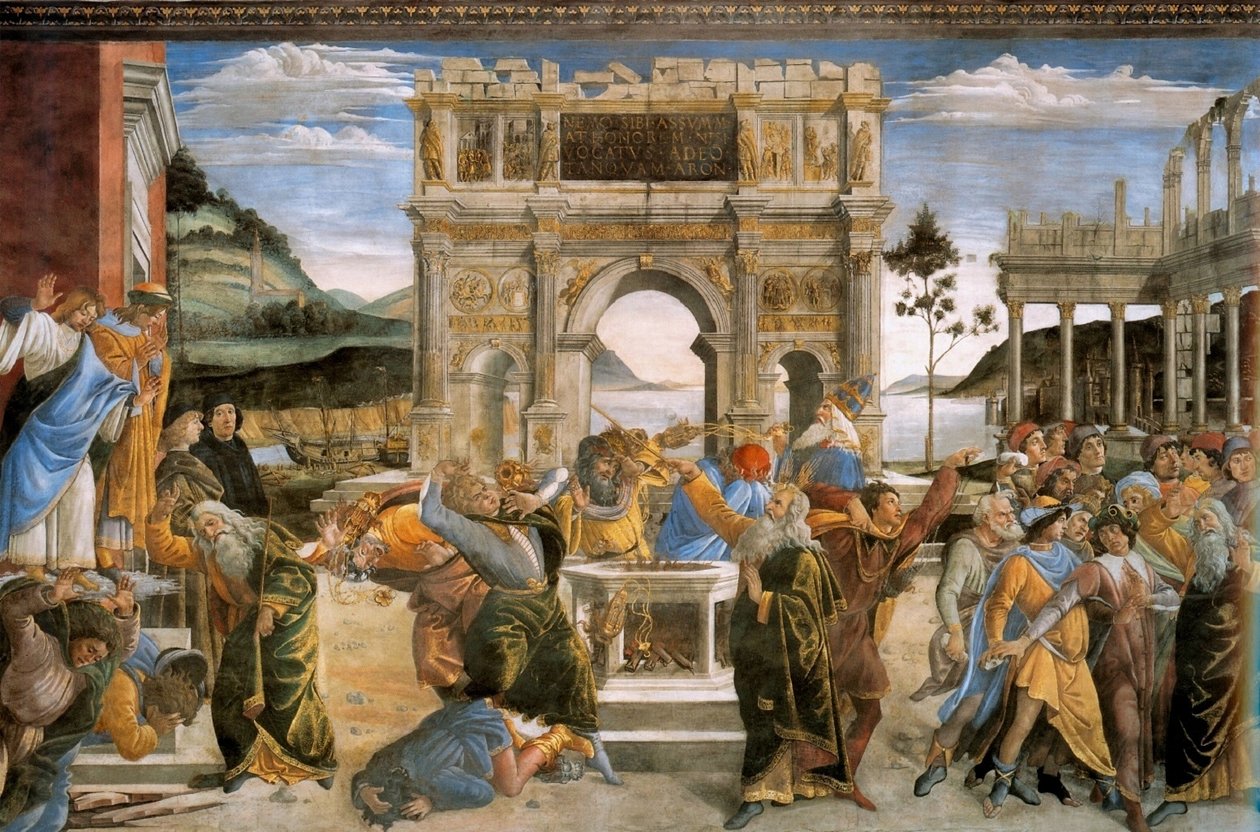 Korah büntetése, Mózes és Áron megkövezése alkotó: Sandro Botticelli