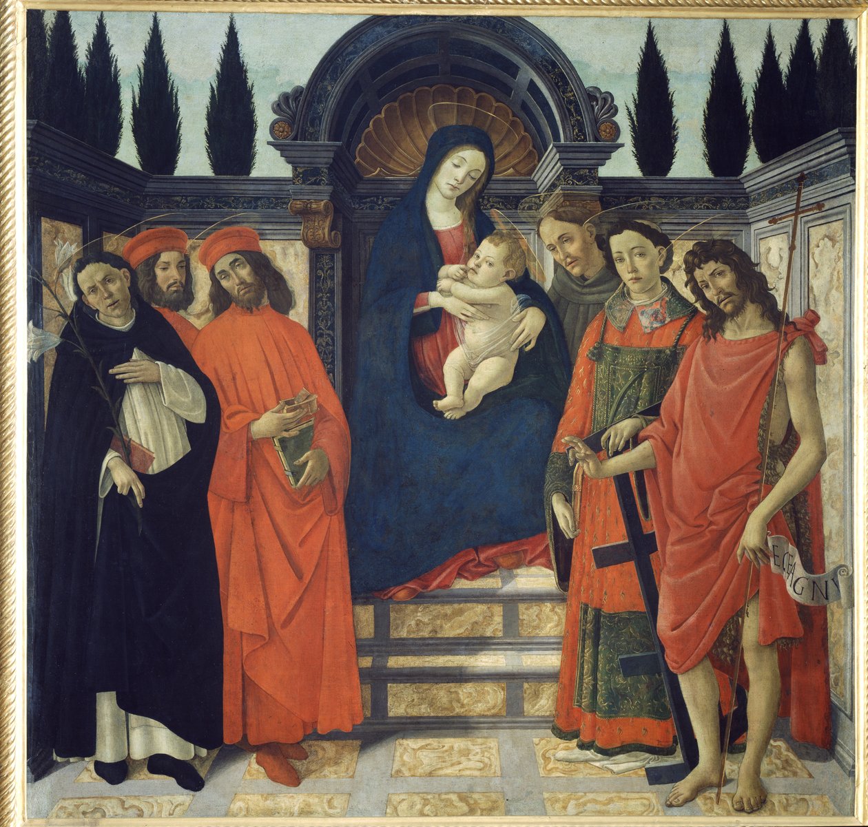 A Szűz és a Gyermek Keresztelő Szent Jánossal, Szent Damjánnal és Szent Kozmóval alkotó: Sandro Botticelli