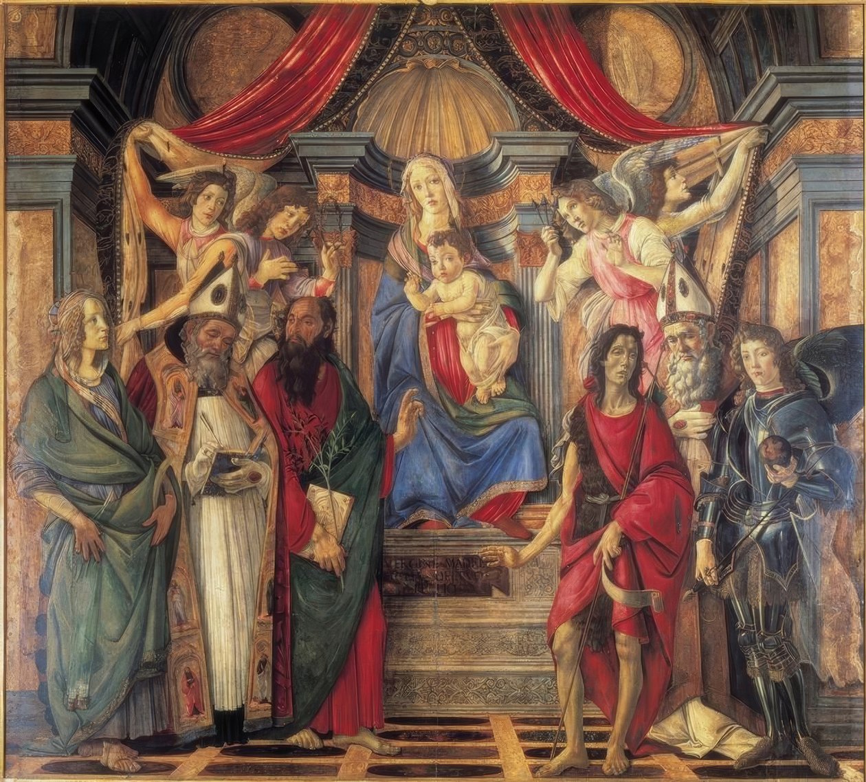 Madonna trónoló a gyermekkel, az angyalokkal és a szent Kaval alkotó: Sandro Botticelli