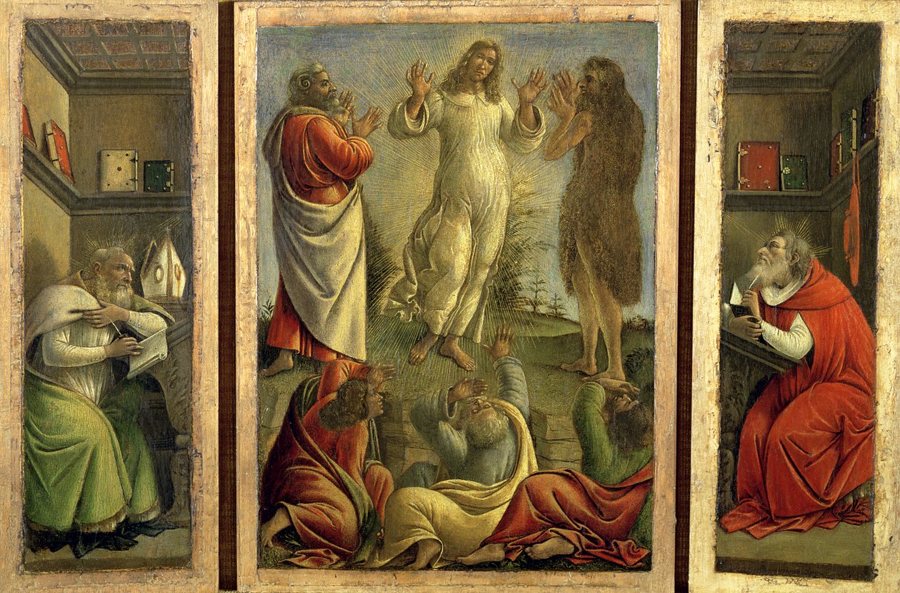 Triptichon, amely a színeváltozást, Jézus megjelenését tanítványainak mutatja Szent Jeromos és Ágoston oldalain, 1500 körül (tempera a panelen) alkotó: Sandro Botticelli