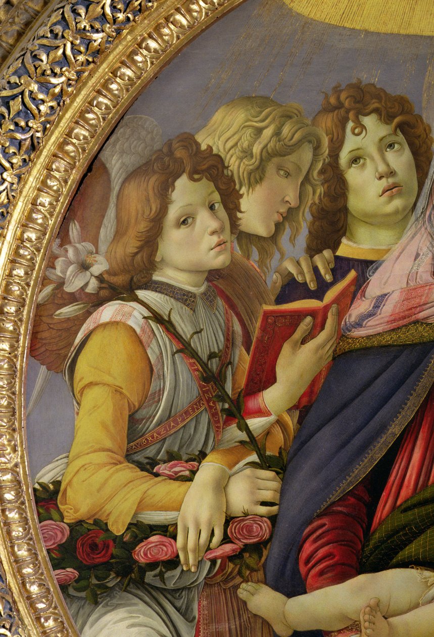 Szűz és gyermek hat angyallal, a Gránátalma Madonnája (tempera a panelen) (202229-es részlet) alkotó: Sandro Botticelli
