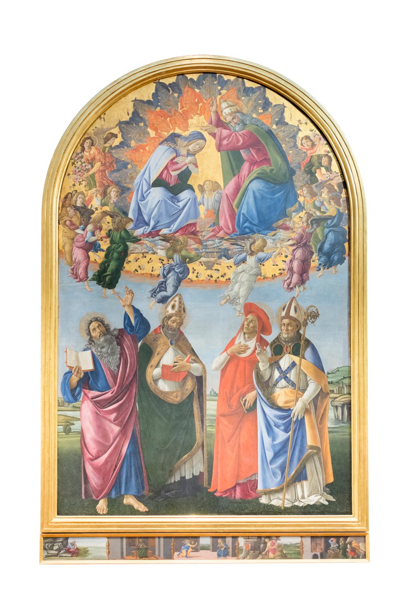 Szűz koronázása angyalokkal és Szent János evangélistával, Szent Ágoston alkotó: Sandro Botticelli
