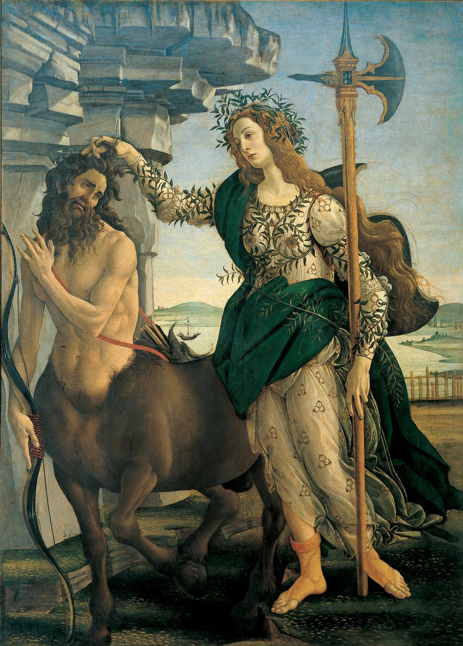 Pallas (Athena vagy Minerva) és a Kentaur, Sandro Botticelli (1445-1510), 1482 körül - Firenze, Uffizi Képtár. alkotó: Sandro Botticelli