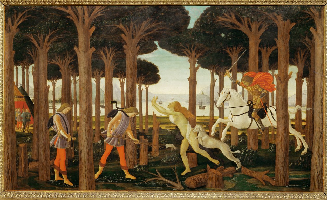 Nastagio degli Onesti története, az első három panelből: Nastagio szomorúan sétál az erdőben ... (festmény fára) alkotó: Sandro (1444/5 1510) Botticelli