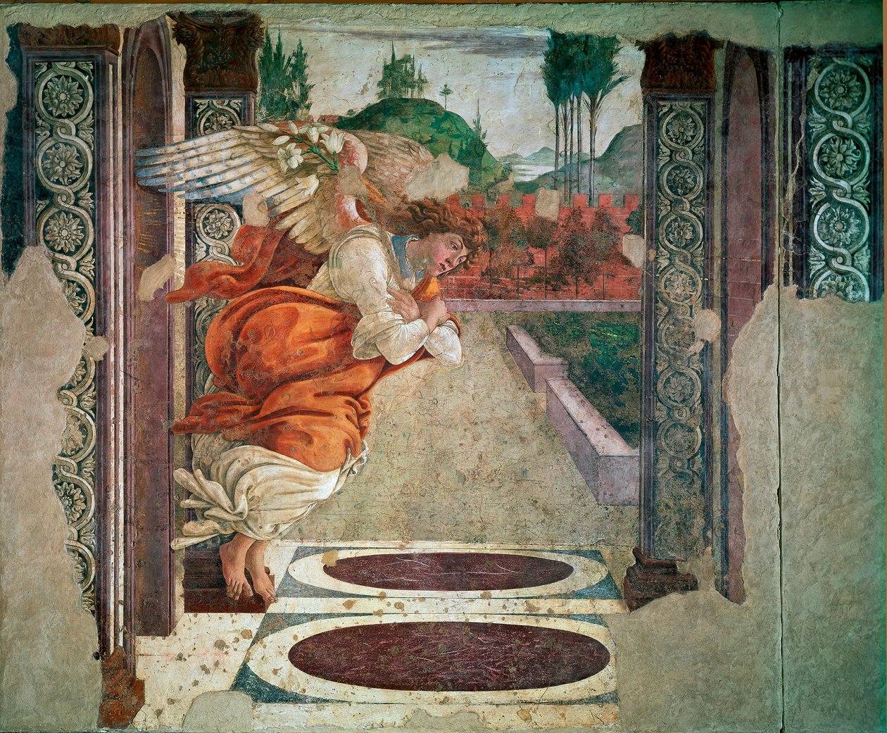 Az Angyali Angyal részlete. Alessandro di Mariano dei Filipepi freskója Sandro Botticellitől (1445-1510). 1481 V. 245x535 cm Firenze, Uffizi Képtár (Irodák) alkotó: Sandro Botticelli