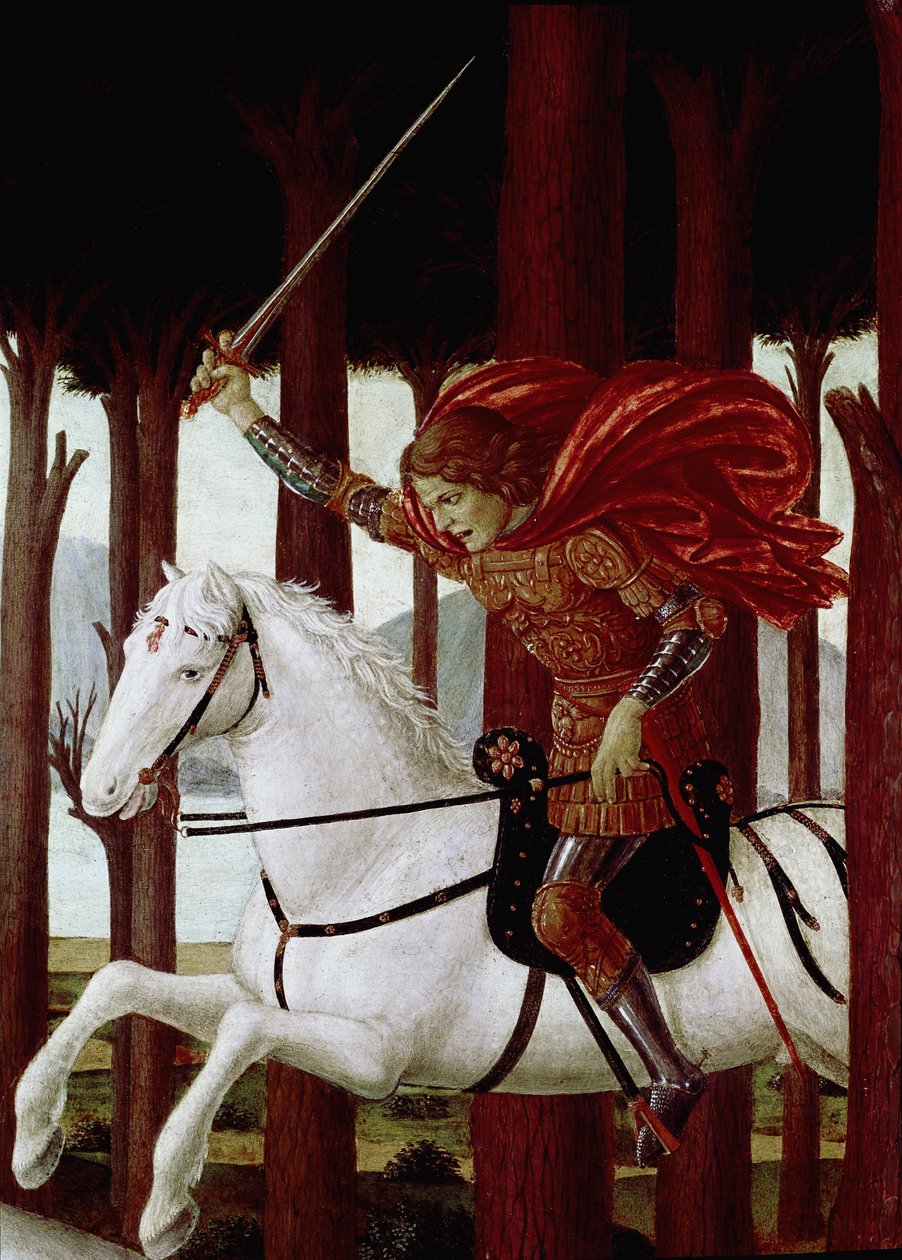 Nastagio degli Onesti története: Találkozás az elátkozottakkal a fenyvesben (Boccaccio Dekameron-regényéből) (olaj, panel alkotó: Sandro Botticelli