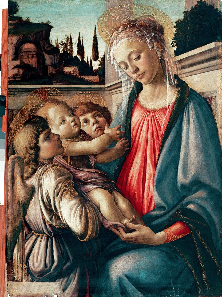 Madonnának gyermeke van két angyallal Detrempe a Woodon, Sandro Filipepi dit Botticelli (1445-1510) 1468-1469 Dim. 100x71 cm Nápoly, Galleria Nazionali di Capodimonte – Madonna és gyermek két angyallal, Sandro Filipepi, más néven Botticelli (1445-1510). Ke alkotó: Sandro Botticelli