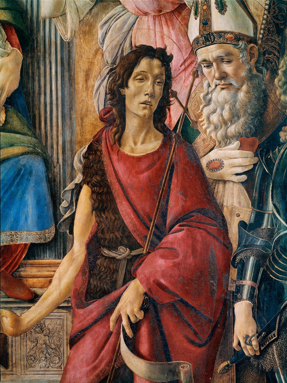 Pala di San Barnaba (Szent Barnaba oltárképe): A Szűzanya gyermeket szül Alexandriai Szent Katalintól, Szent Ágostontól, Szent Barnabától és Keresztelő Szent Jánostól, Antiochiai Szent Ignáctól és Szent Mihály arkangyaltól. Részlet a Ba Szent Jánosról alkotó: Sandro Botticelli