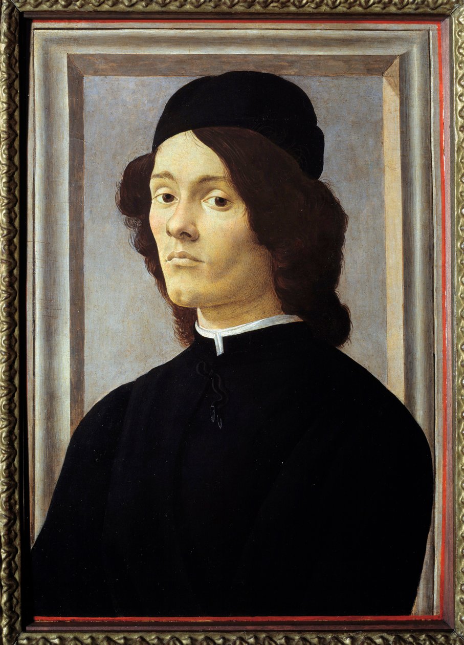 Egy fiatal férfi portréja, Gentilman melankolikusan néz ki, feketébe öltözött. Alessandro di Mariano dei Filipepi festménye Sandro Botticelli (1445-1510) 15. századi V. 0,57x0,39 m alkotó: Sandro Botticelli