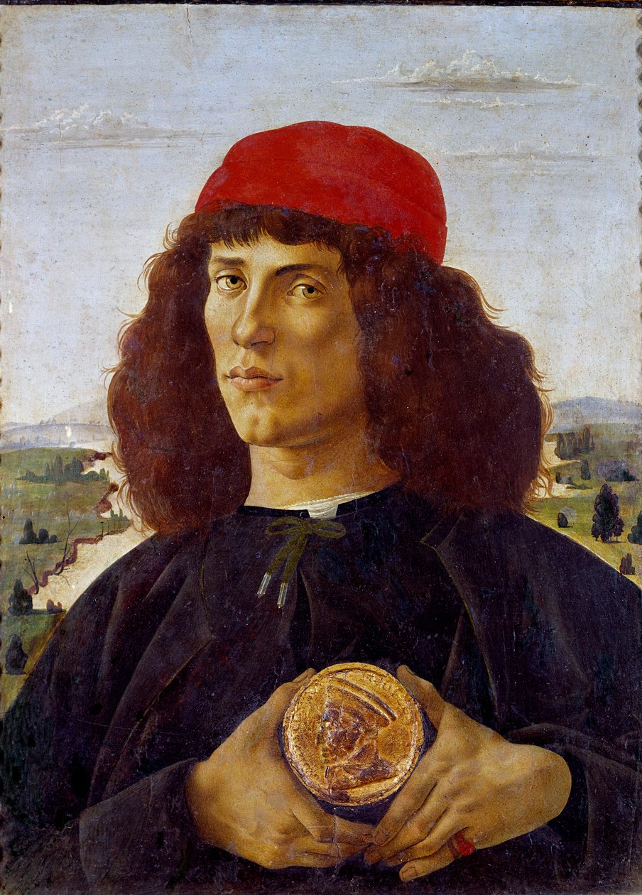 Cosimo de Medicis érmét (Cosimo de Medici) tartó ismeretlen férfi portréja. Alessandro di Mariano de Philippi festménye, Sandro Botticelli (1445-1510). Tempera, vászon, 57,5 ​​x 44 cm alkotó: Sandro Botticelli