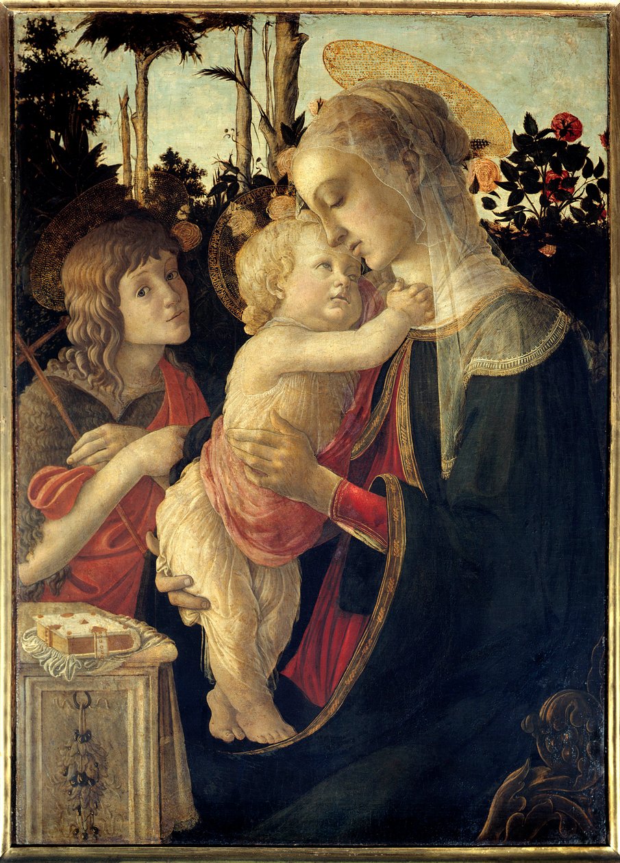 A Szűz és a gyermek Jézus a fiatal Keresztelő Szent János gyermekkel Alessandro di Mariano dei Filipepi festménye Sandro Botticellitől (1445-1510). 15. századi V. 0,90 x 0,67 m - A Szűzanya, a Gyermek Jézus és Keresztelő Szent János, gyermek. Festészet b alkotó: Sandro Botticelli