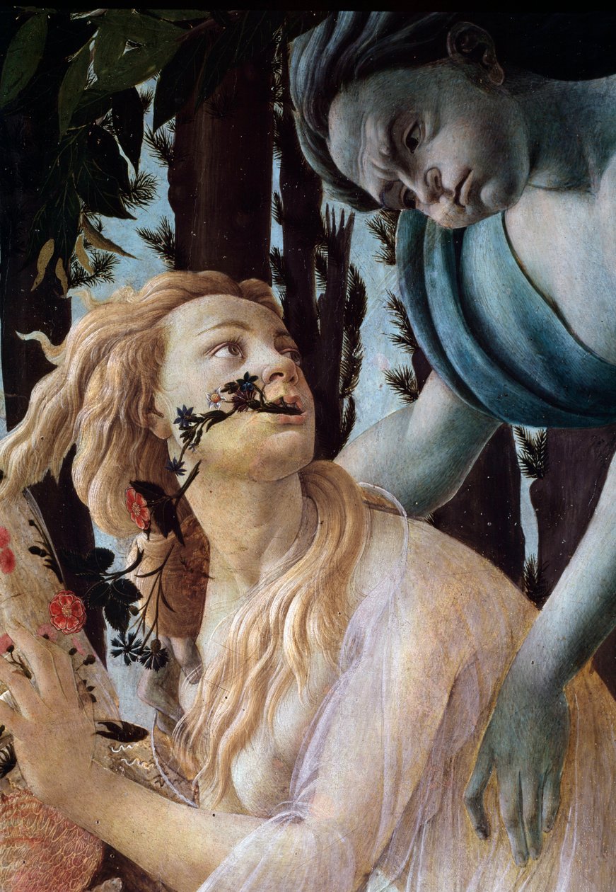 A tavasz. Részlet: Zephyr megragadja Chlorist, aki átlátszó fátylat visel (Festmény alkotó: Sandro Botticelli