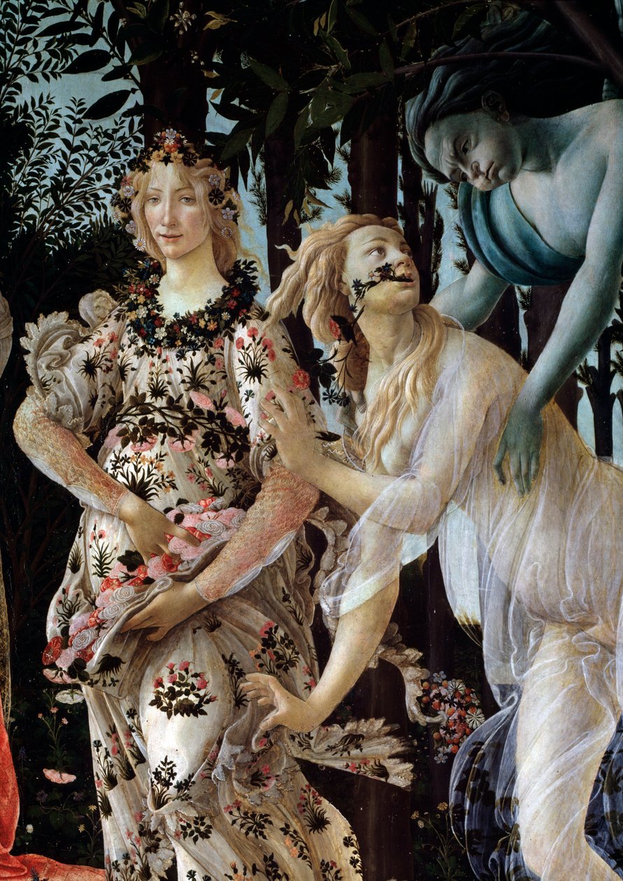 A tavasz. Részlet: Zephyr megragadja az átlátszó fátylat viselő nimfát Chlorist és Flora virágruhájában (Festmény alkotó: Sandro Botticelli