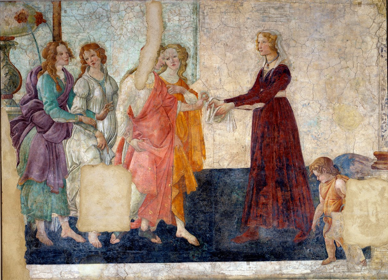 A Vénusz és a kegyelmek ajándékokat ajánlanak egy fiatal lánynak. Villa Lemmi freskója. Sandro Botticelli festménye (1444-1510) alkotó: Sandro Botticelli