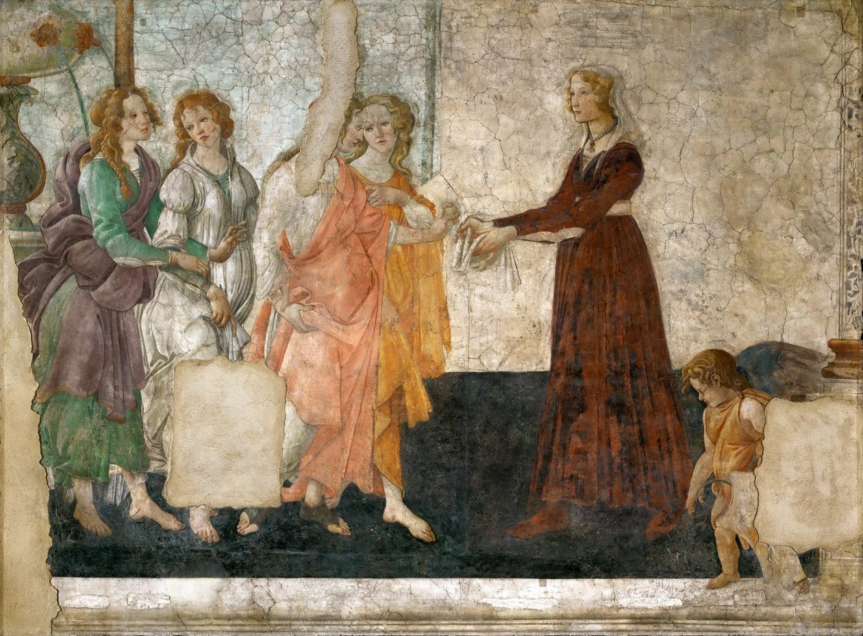 Vénusz és a három grácia ajándékokat ajánl egy fiatal lánynak alkotó: Sandro Botticelli