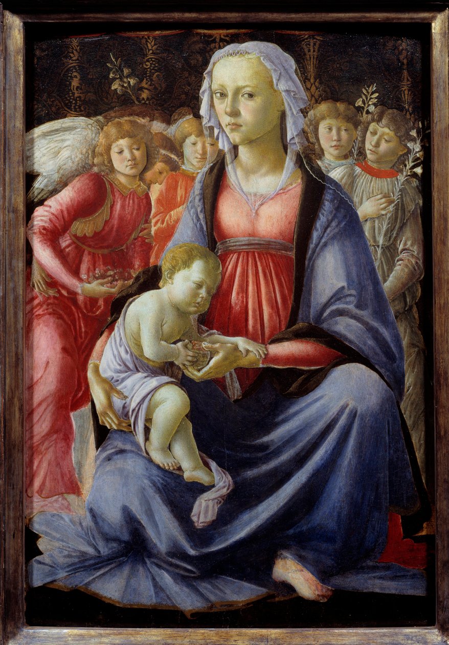 Szűz és gyermek öt angyallal körülvéve Alessandro di Mariano dei Filipepi festménye dit Sandro Botticelli (1445-1510) 15. század V. 0,58x0,4 m alkotó: Sandro Botticelli