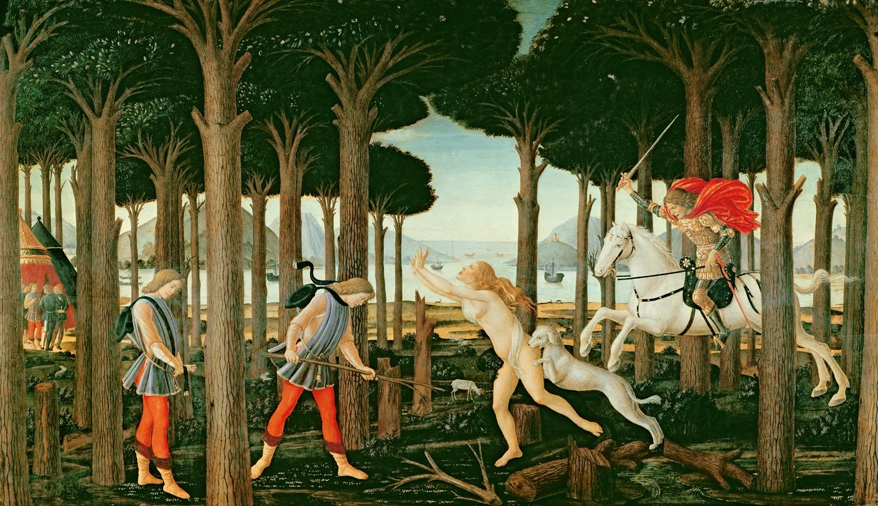 Nastagio látomása a kísérteties üldözésről az erdőben: Nastagio degli Onesti története I. jelenete, 1483 körül (tempera a panelen) alkotó: Sandro (and workshop) Botticelli