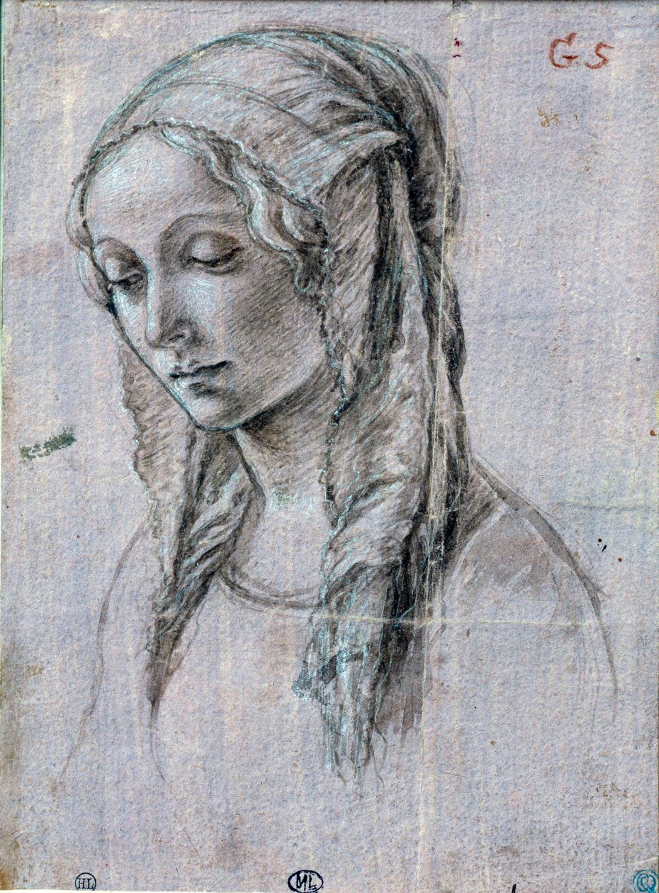 Fiatal nő feje”” Ecsetrajz és fehér szárnyak Alessandro di Mariano dei Filipepi attribútuma Sandro Botticelli (1445-1510) 15. századi Párizs, Louvre Múzeum alkotó: Sandro (attr. to) Botticelli