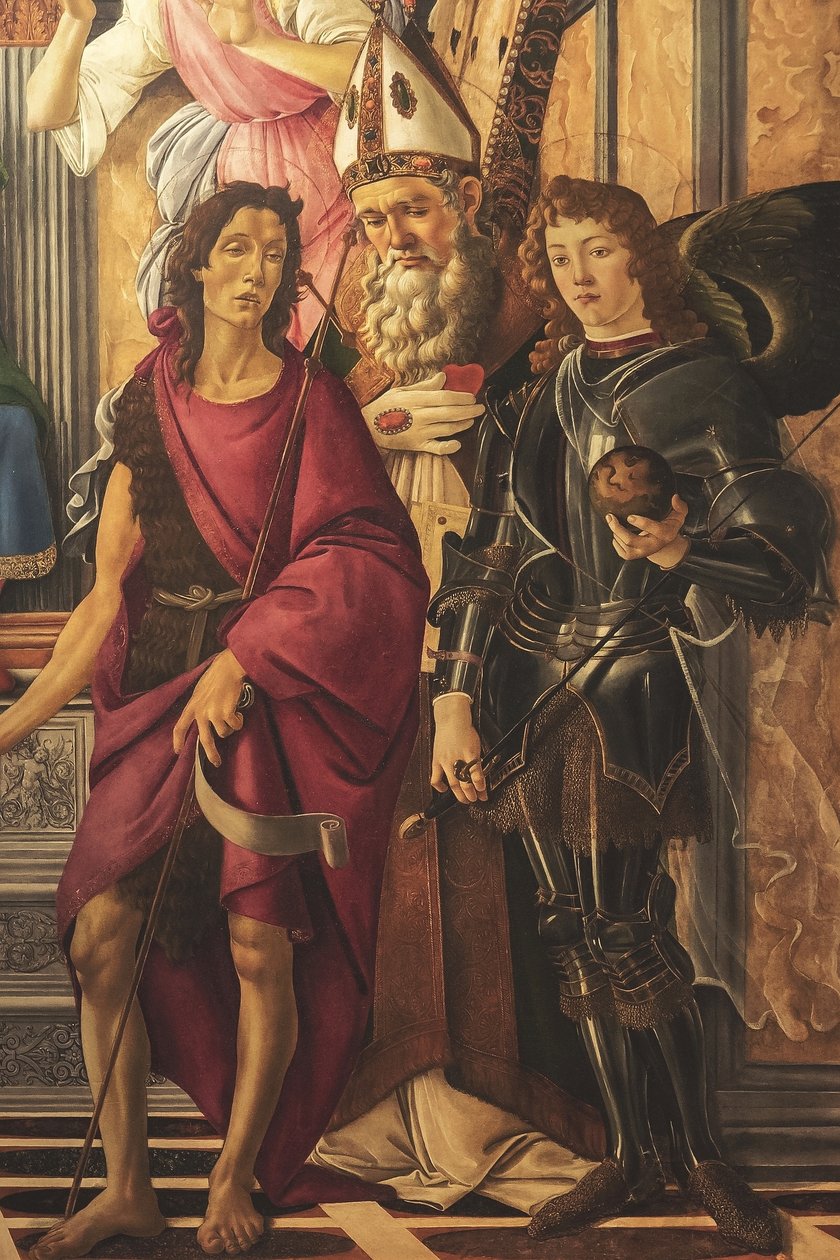 Oltárkép, főpanel: trónoló Madonna, négy angyal és szentek alkotó: Sandro Botticelli