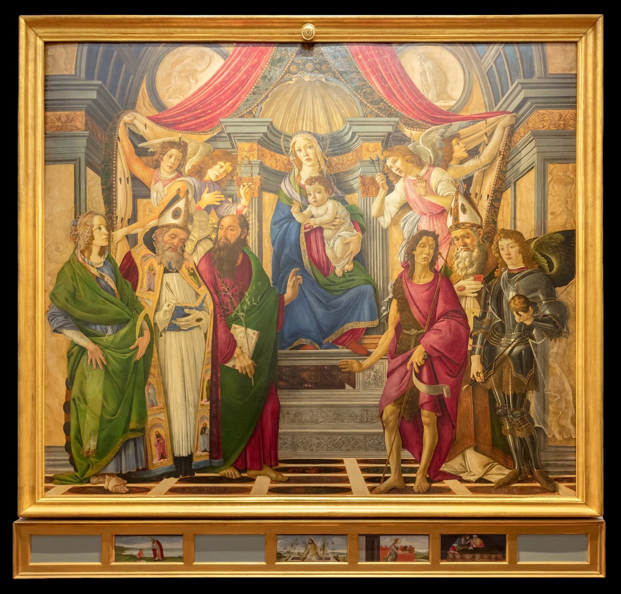 Oltárkép, főpanel: trónoló Madonna, négy angyal és szentek alkotó: Sandro Botticelli