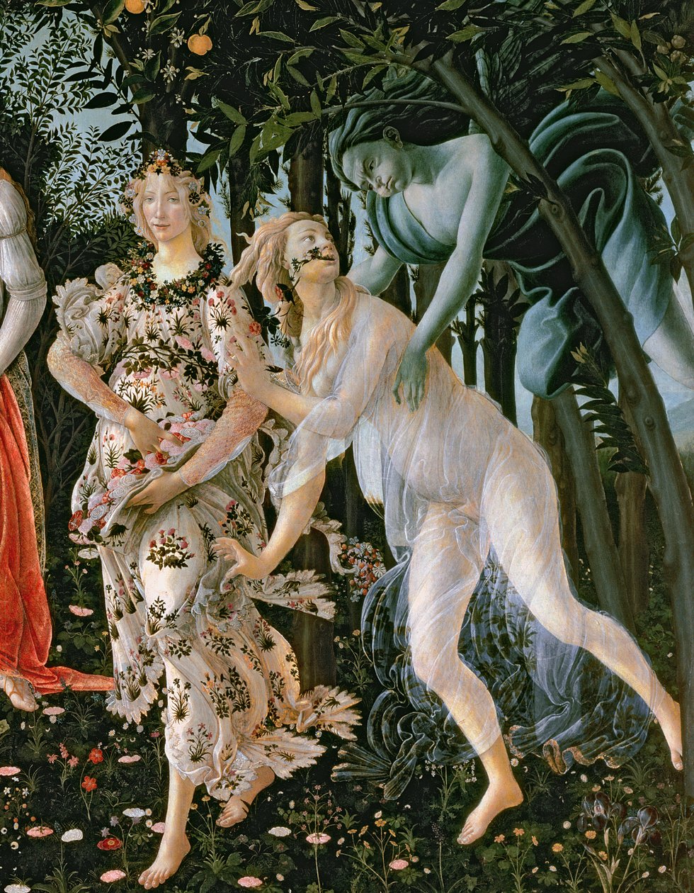 Részlet a Zephyrről és a Flora mint a tavasz órája a Primavera temperából az 558-as panelrészleten alkotó: Sandro Botticelli
